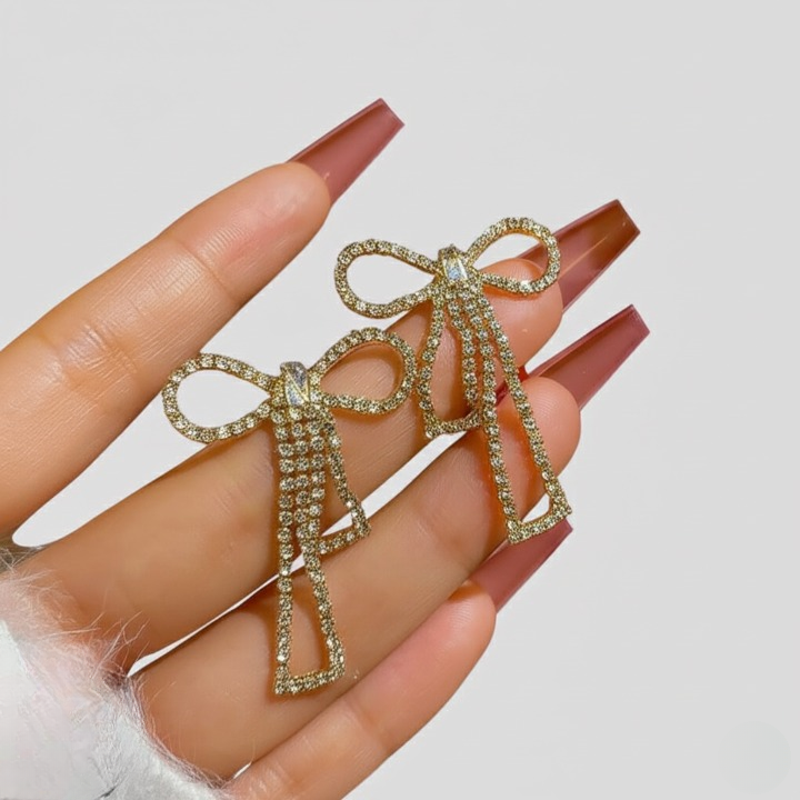 Golden Bow Shape Zircon Earrings