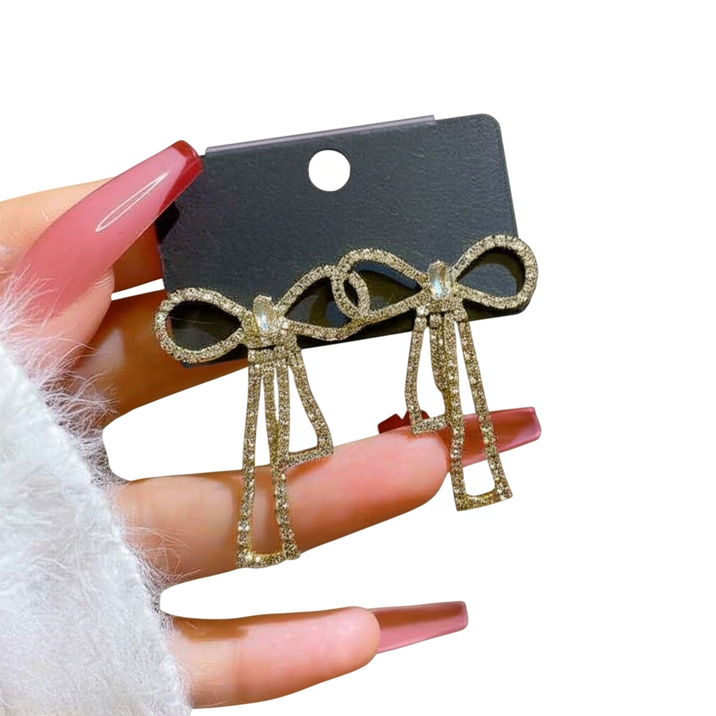 Golden Bow Shape Zircon Earrings