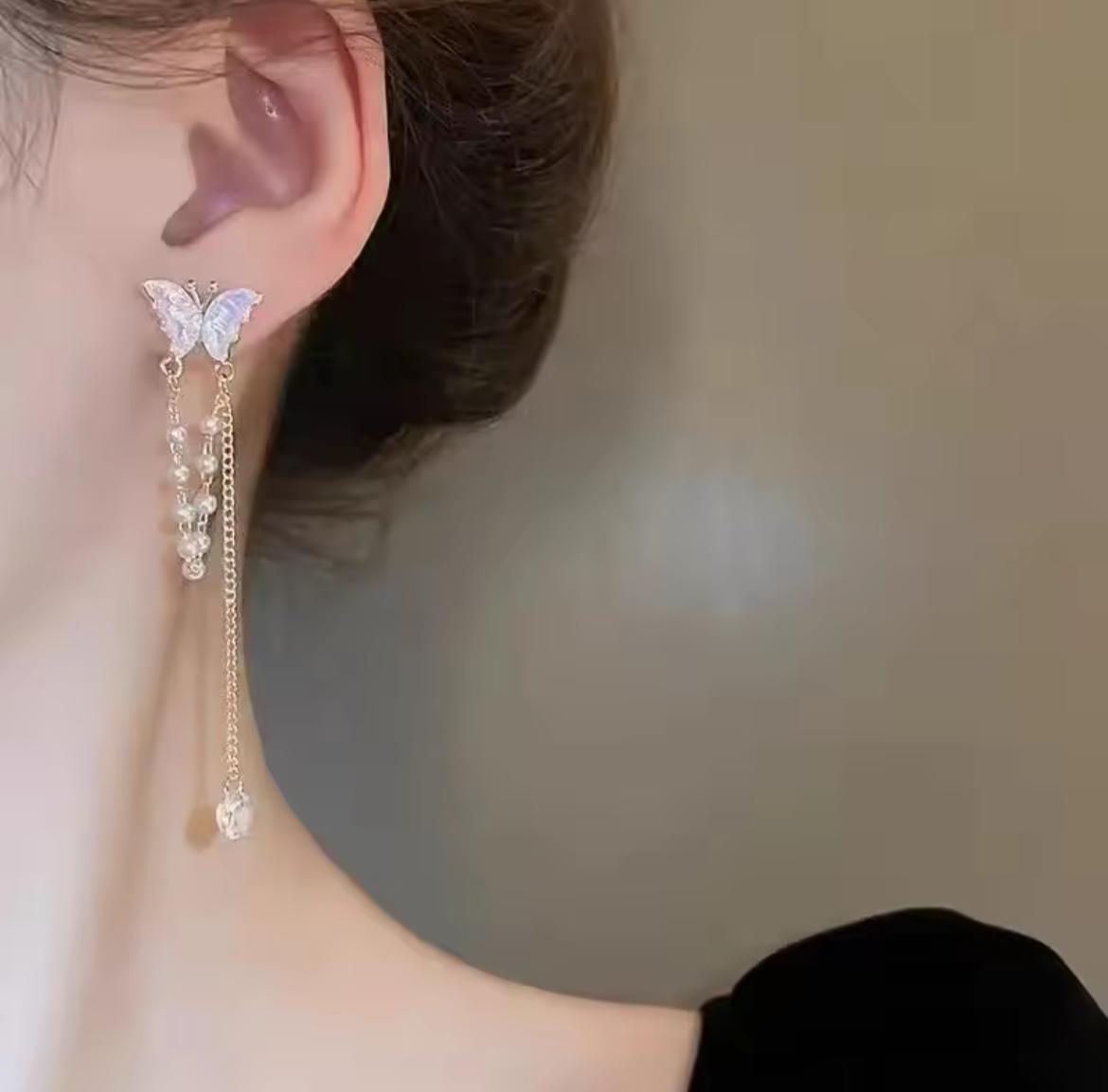 Butterfly Pearl Tassel Drop Earrings