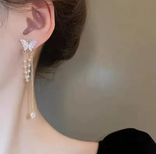 Butterfly Pearl Tassel Drop Earrings