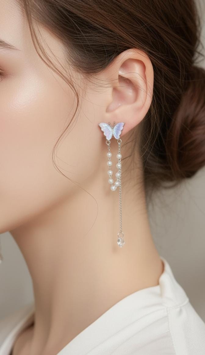 Butterfly Pearl Tassel Drop Earrings