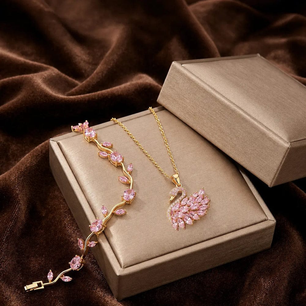Tulip Bracelet + Swan Necklace Stainless Steel Jewelry Set