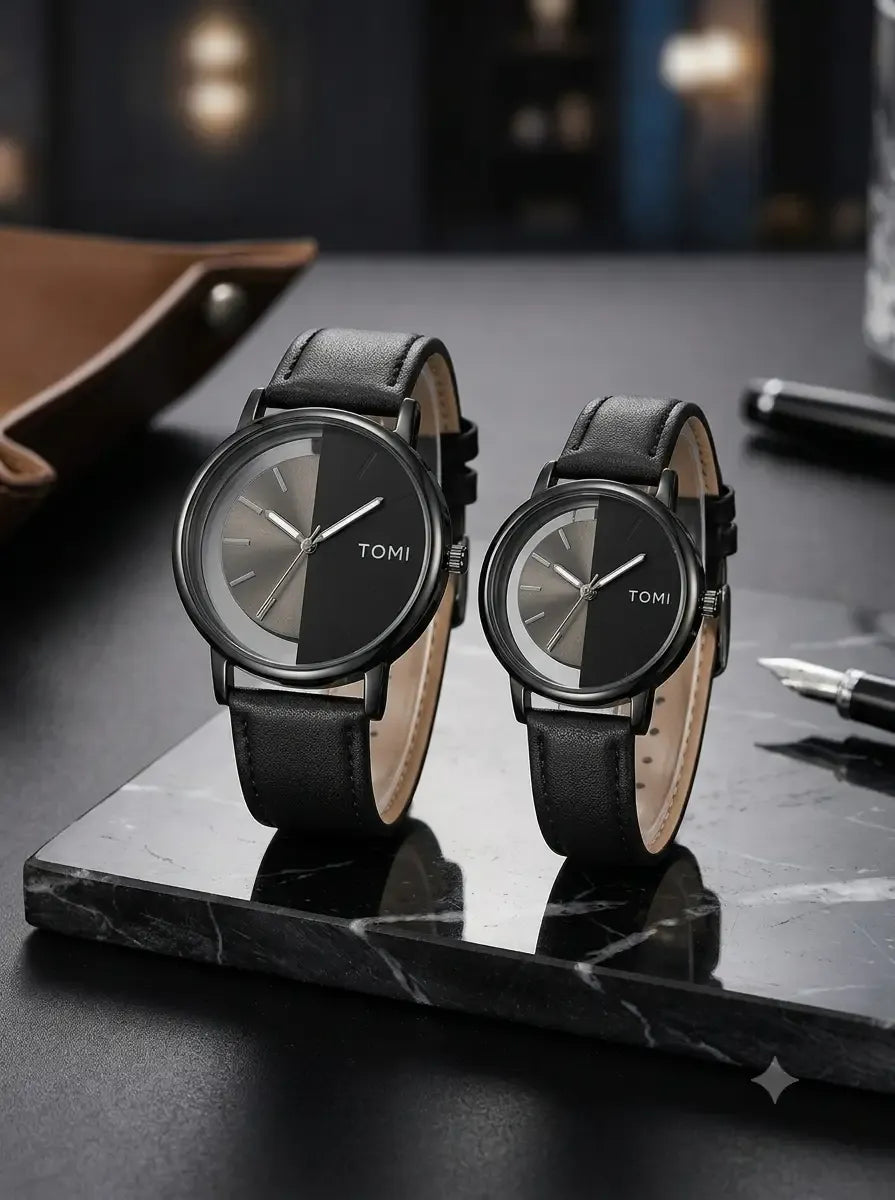 Elegant Round PU Leather Couple Watch