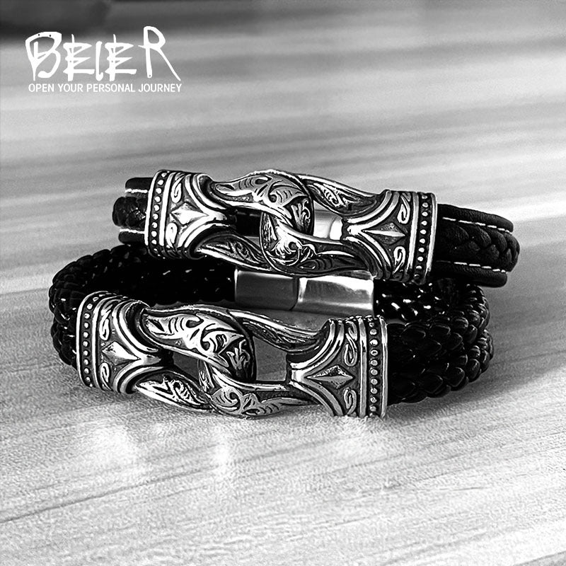Viking Black Leather Men's Bracelet